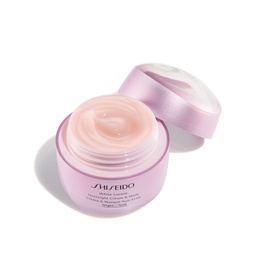 Shiseido Overnight Cream & Mask in open lilac jar, revealing pale pink cream texture, with lid placed behind