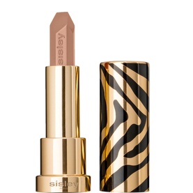 Sisley Le Phyto Rouge lipstick in nude beige tone with gold and black zebra-print cap, standing upright on white background