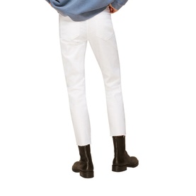 Model wearing Whistles High Waist Slim Crop Jeans in white, shown from behind, styled with a blue sweatshirt and dark Chelsea boots