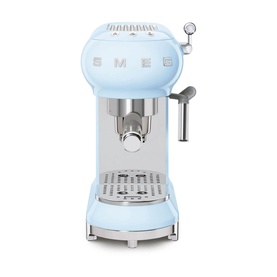 Smeg 50's Style Espresso Coffee Machine in pastel blue with chrome steam wand, portafilter, and retro SMEG branding