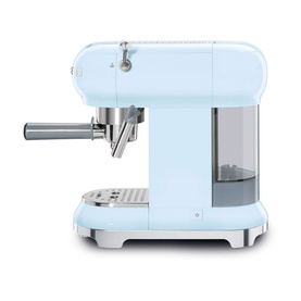 Smeg 50's Style Espresso Coffee Machine in pastel blue with chrome steam wand and drip tray, side profile view