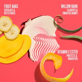 Sol De Janeiro Bom Dia Bright Body Cream key ingredients: fruit AHAs, willow bark, and vitamin C ester on pink background