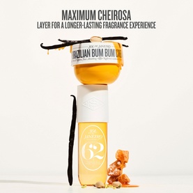 Sol De Janeiro Brazilian Bum Bum Cream and fragrance mist stacked with vanilla pods and caramel, Maximum Cheirosa layering campaign shot