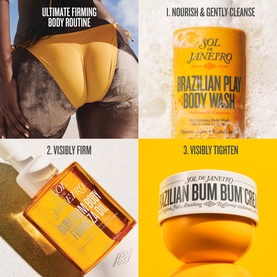 Sol De Janeiro Brazilian Bum Bum Cream routine collage showing body wash, body oil, and cream with firming steps