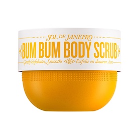 Sol De Janeiro Bum Bum Body Scrub in yellow and white pot with branded lid