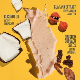 Sol De Janeiro Bum Bum Body Scrub ingredient flatlay showing coconut oil, guaran&aacute; extract, and crushed cupua&ccedil;u seeds on yellow background
