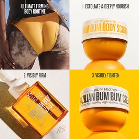 Sol de Janeiro Bum Bum Body Scrub shown in a 4-panel routine graphic with body scrub, oil, and cream alongside a model close-up