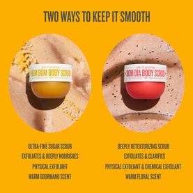 Sol De Janeiro Bum Bum Body Scrub and Bom Dia Body Scrub shown side by side on yellow background with product benefit text