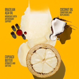 Sol De Janeiro Brazilian Kiss Cupuacu Lip Butter key ingredients: Brazilian a&ccedil;a&iacute; oil, coconut oil, and cupuacu butter on yellow background