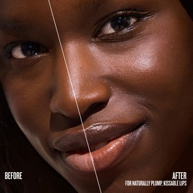 Model wearing Sol De Janeiro Brazilian Kiss Cupuacu Lip Butter, before and after comparison showing plumper, glossy lips