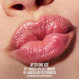 Close-up of glossy, hydrated lips showcasing Sol De Janeiro Brazilian Kiss Cupuacu Lip Butter results, with on-pack claims overlay.