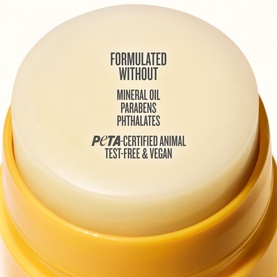 Sol De Janeiro Brazilian Kiss Cupuacu Lip Butter base showing PETA-certified, vegan, mineral oil and paraben-free credentials