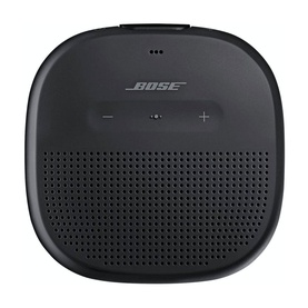 Bose Soundlink Micro Speaker in black, compact square design with mesh grille and control buttons on top