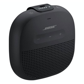 Bose Soundlink Micro Speaker in black, compact rounded design with top control buttons and front grille