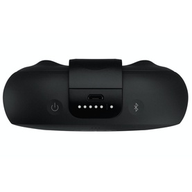 Bose Soundlink Micro Speaker in black, top-down view showing power button, LED indicators, Bluetooth button and charging port