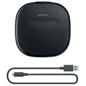 Bose Soundlink Micro Speaker in black, shown with included USB charging cable