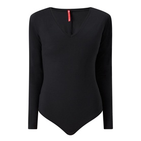 Spanx Suit Yourself V-Neck Bodysuit in black, long sleeves, V-neck, smoothing fabric, thong style