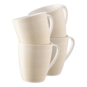 Aynsley Spots and Dots Set of 4 Mugs in yellow, ribbed ceramic design with curved handles, cream-toned finish