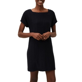 Model wearing Phase Eight Starla Textured Tunic Dress in blue, featuring square neckline, short sleeves, and allover wave texture