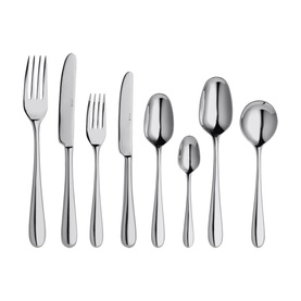 Stellar Tattershall 44-Piece Cutlery Set in polished stainless steel, showing forks, knives and spoons in varying sizes