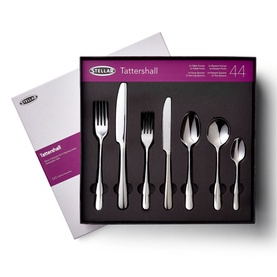 Stellar Tattershall 44-Piece Cutlery Set in stainless steel, displayed in black gift box with forks, knife, spoons and teaspoons