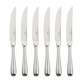 Stellar Kitchen Six-Piece Steak Knife Set in silver stainless steel with serrated edges and classic bolster handles, gift boxed