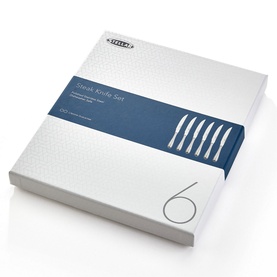 Stellar Kitchen Six-Piece Steak Knife Set in silver stainless steel, serrated edges, presented in a white and navy gift box
