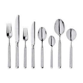 Stellar Buckingham 44-Piece Cutlery Set in stainless steel, showing forks, knives and spoons in varying sizes arranged in a fan layout