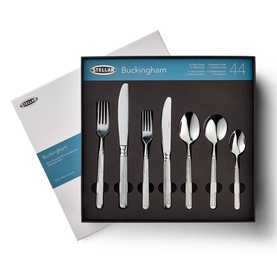 Stellar Buckingham 44-Piece Cutlery Set in stainless steel, displayed in branded box showing forks, knives and spoons