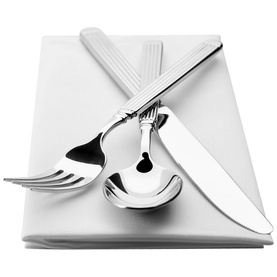 Stellar Buckingham 44-Piece Cutlery Set in stainless steel, fork, knife and spoon arranged on a white folded napkin