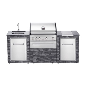 Grandhall Stone Island Outdoor Kitchen with stainless steel grill, sink, two cabinet doors and grey stone-effect cladding