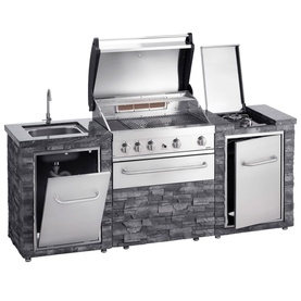 Grandhall Stone Island Outdoor Kitchen with built-in BBQ grill, sink, side burner, and fridge, featuring grey stone cladding exterior