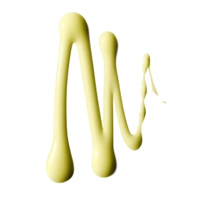 Sunday Riley A+ High-Dose Retinoid Serum swatch in pale yellow-green tone, shown as a wavy drizzle texture on white background.