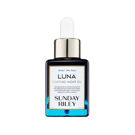 Sunday Riley Luna Sleeping Night Oil in dark blue glass dropper bottle with gold-toned cap and blue label