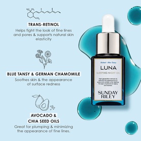 Sunday Riley Luna Sleeping Night Oil bottle with ingredient callouts: Trans-Retinol, Blue Tansy, German Chamomile, Avocado and Chia Seed Oils