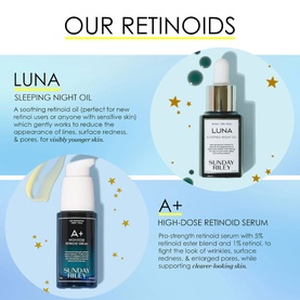 Sunday Riley Luna Sleeping Night Oil and A+ High-Dose Retinoid Serum displayed together with product descriptions on dark background.