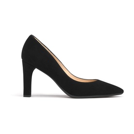 LK Bennett Tess Suede Block Heels in black, pointed toe, suede upper, high block heel, rubber sole, side profile view