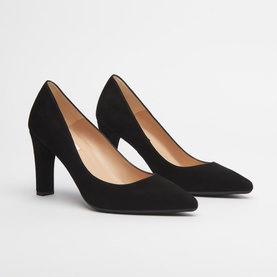 LK Bennett Tess Suede Block Heels in black, pointed toe, suede upper with block heel, rubber sole, shown as a pair