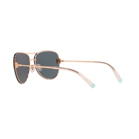Tiffany & Co 0TF3066 Pilot Sunglasses in rose gold with grey lenses and pale blue tipped temples, angled side view