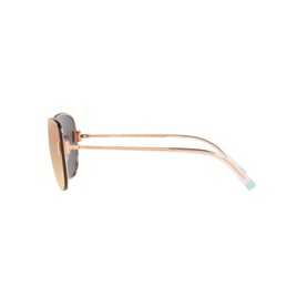 Tiffany & Co 0TF3066 Pilot Sunglasses in rose gold with gradient brown lenses, side profile view showing slim metal frame and teal temple tip