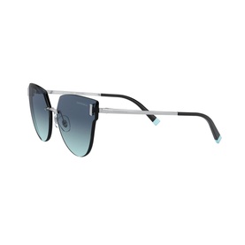 Tiffany & Co Irregular Sunglasses TF3070 62 in silver with blue gradient lenses, black rims, and teal temple tips