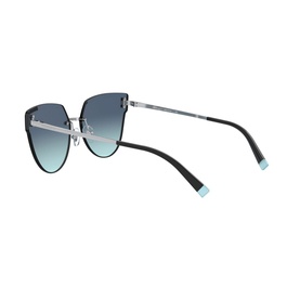Tiffany & Co Irregular Sunglasses TF3070 62 in silver with blue gradient lenses, black temples and turquoise tips, angled view