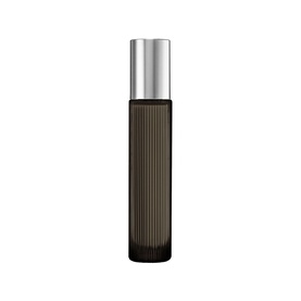 Dark ribbed glass fragrance bottle with silver cap, cylindrical form on white background