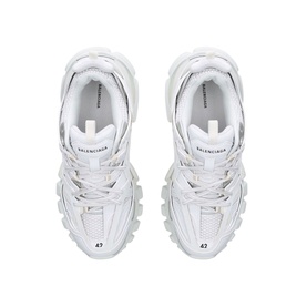 Balenciaga Track Trainers in white, top-down view showing multi-panelled upper, cord-style double laces, and embroidered size at toe