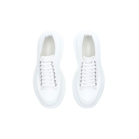 Alexander McQueen Tread Slick Chunky Trainers in white leather, overhead view, thick white sole, white lace-up fastening