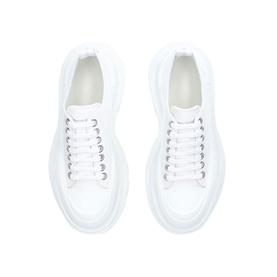 Alexander McQueen Tread Slick Chunky Trainers in white leather with thick white rubber sole, white laces, overhead view