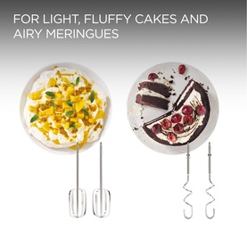 Kenwood Lite Hand Mixer white beater and whisk attachments shown with meringue and chocolate cake styling shots
