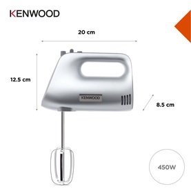 Kenwood hand mixer in silver, 450W, with dimensions 20x12.5x8.5cm, shown with whisk attachment