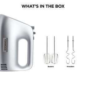 Kenwood hand mixer in white shown with included beater and kneader attachments in a what's in the box layout