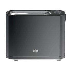 Braun PurEase 2 Slice Toaster in dark grey, with wide slots, browning dial, and silver feet on a clean white background